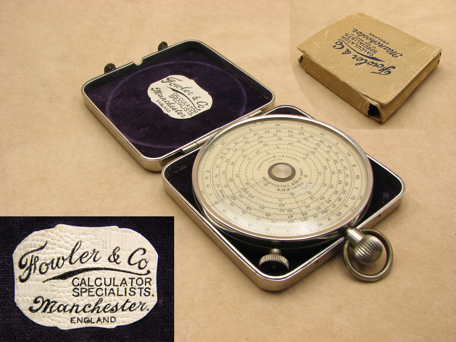 1930's Fowler's double sided Long scale pocket calculator in nickel case